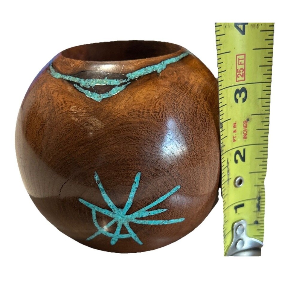 Handcrafted Signed Dark Wood Turquoise Inlay Candle Holder Artisan Southwestern
